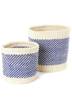Swahili African Modern Home Goods Blue And Cream Twill Sisal Nesting Basket Set