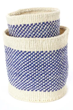 Swahili African Modern Home Goods Blue And Cream Twill Sisal Nesting Basket Set