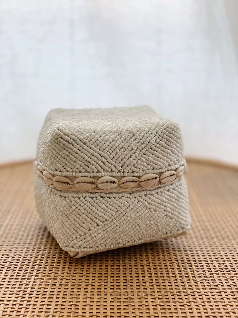 Ceremonia Beaded Bamboo Baskets - White Shell Home Goods 7 Ceremonia Beaded Bamboo Baskets - White Shell Home Goods