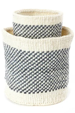 Swahili African Modern Home Goods Charcoal And Cream Twill Sisal Nesting Baskets