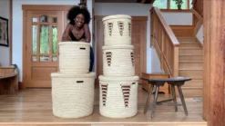 Swahili African Modern Chestnut Arrow Doum Palm Hamper Basket Set Home Goods