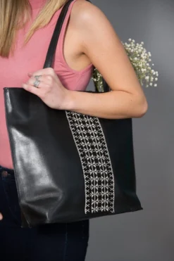 Darzah Black Leather Tatreez Tote Bag Fair Trade