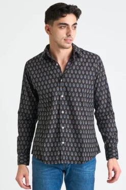 Dushyant Asthana Men's Amir Long Sleeve Shirt - Black + Blue Motif