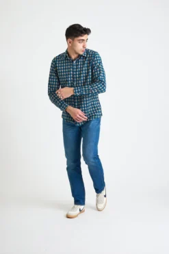 Dushyant Asthana Men's Amir Long Sleeve Shirt - Blue + Red Motif 9 Dushyant Asthana Men's Amir Long Sleeve Shirt - Blue + Red Motif