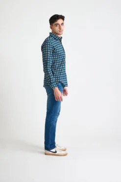 Dushyant Asthana Men's Amir Long Sleeve Shirt - Blue + Red Motif 8 Dushyant Asthana Men's Amir Long Sleeve Shirt - Blue + Red Motif