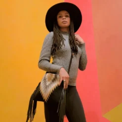 MZ Fair Trade Golden Diamond Wool Fringe Bag Accessories