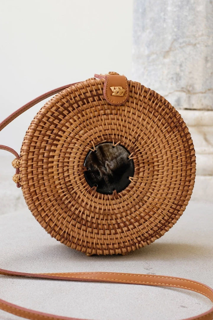 Hathorway BIPOC Owned Tan Tien Buffalo Horn Centerpiece Circle Wicker Rattan Bag 3 Hathorway BIPOC Owned Tan Tien Buffalo Horn Centerpiece Circle Wicker Rattan Bag