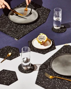 Slash Objects Hex Recycled Rubber Trivet Set - Speckled Black