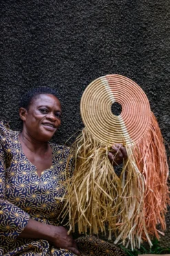 KAZI Home Goods Small Peach + Tan Woven Wall Disc Art