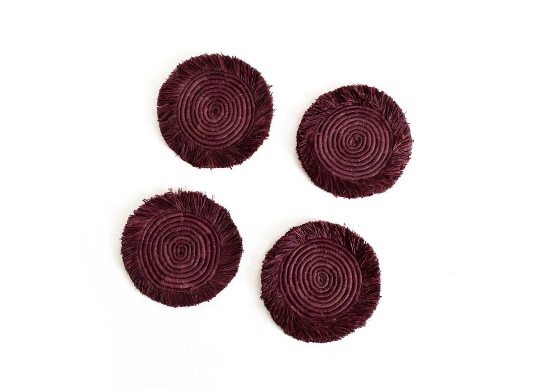 KAZI Burgundy Fringed Raffia Coasters 3 KAZI Burgundy Fringed Raffia Coasters