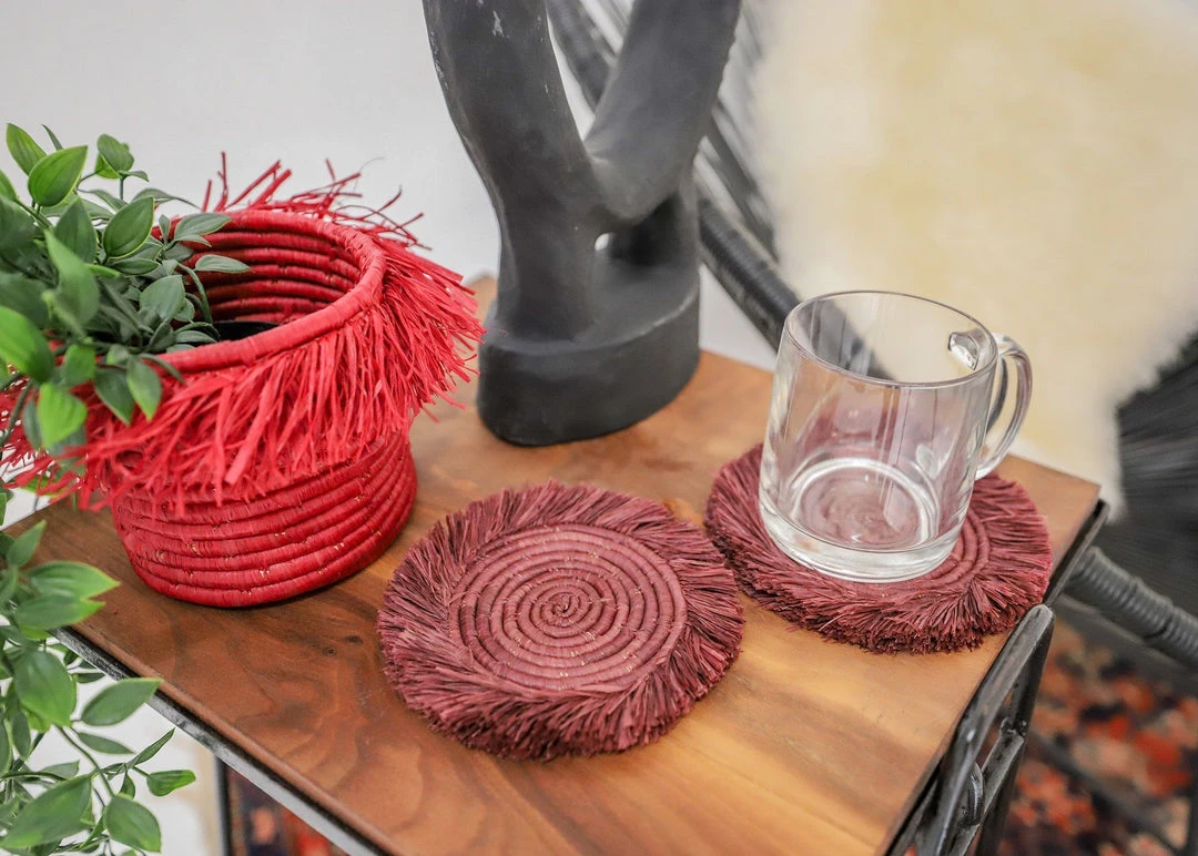 KAZI Burgundy Fringed Raffia Coasters 4 KAZI Burgundy Fringed Raffia Coasters