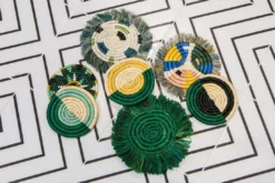 KAZI Home Goods Evergreen Fringed Oversized Raffia Coaster Set