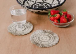 KAZI Fringed Taupe Geo Coasters Home Goods