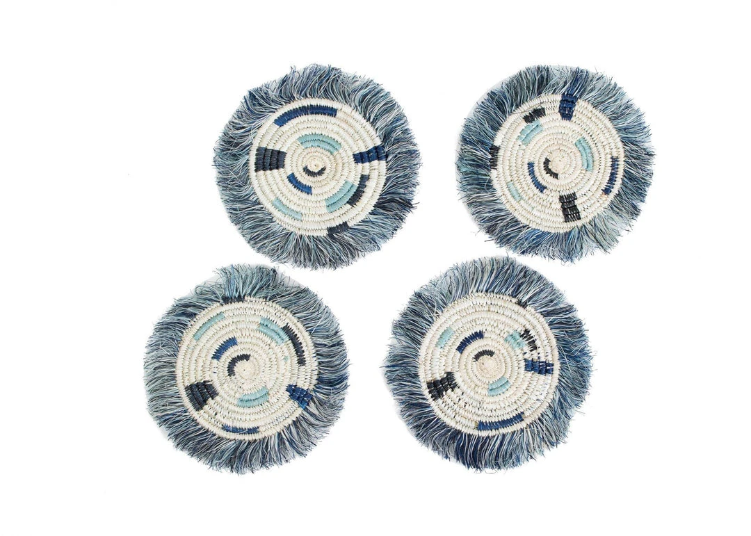 KAZI Silver Blue + Black Fringed Coasters Home Goods 3 KAZI Silver Blue + Black Fringed Coasters Home Goods