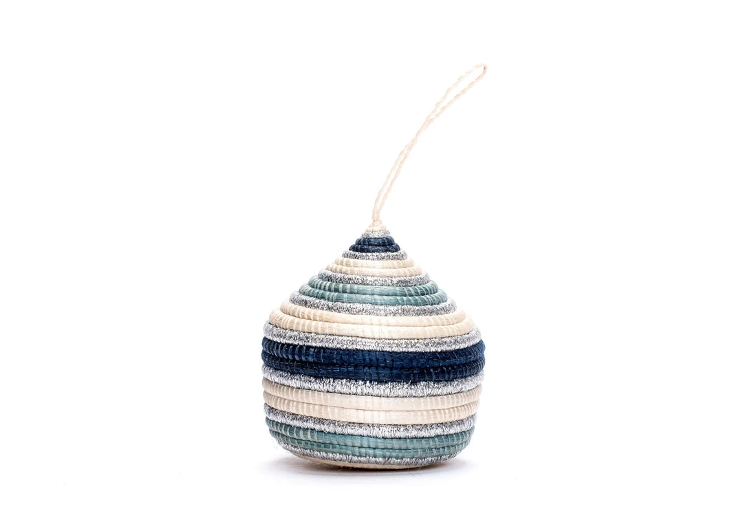 KAZI Fair Trade Striped Soft Blue + Silver Bulb Ornament 3 KAZI Fair Trade Striped Soft Blue + Silver Bulb Ornament