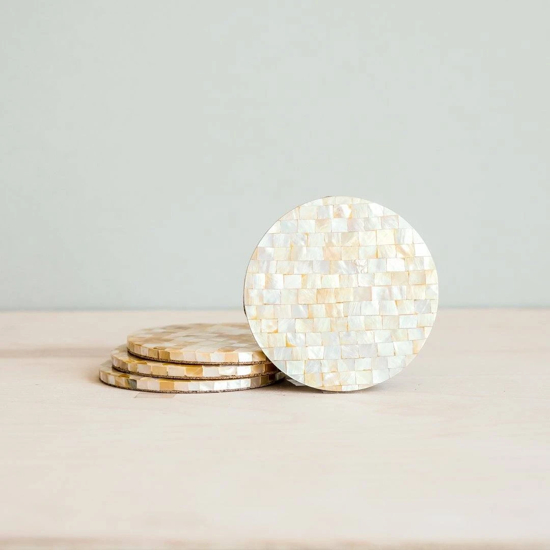 LIKHÂ Golden Yellow Mother Of Pearl Coaster Set Office Accessories 3 LIKHÂ Golden Yellow Mother Of Pearl Coaster Set Office Accessories