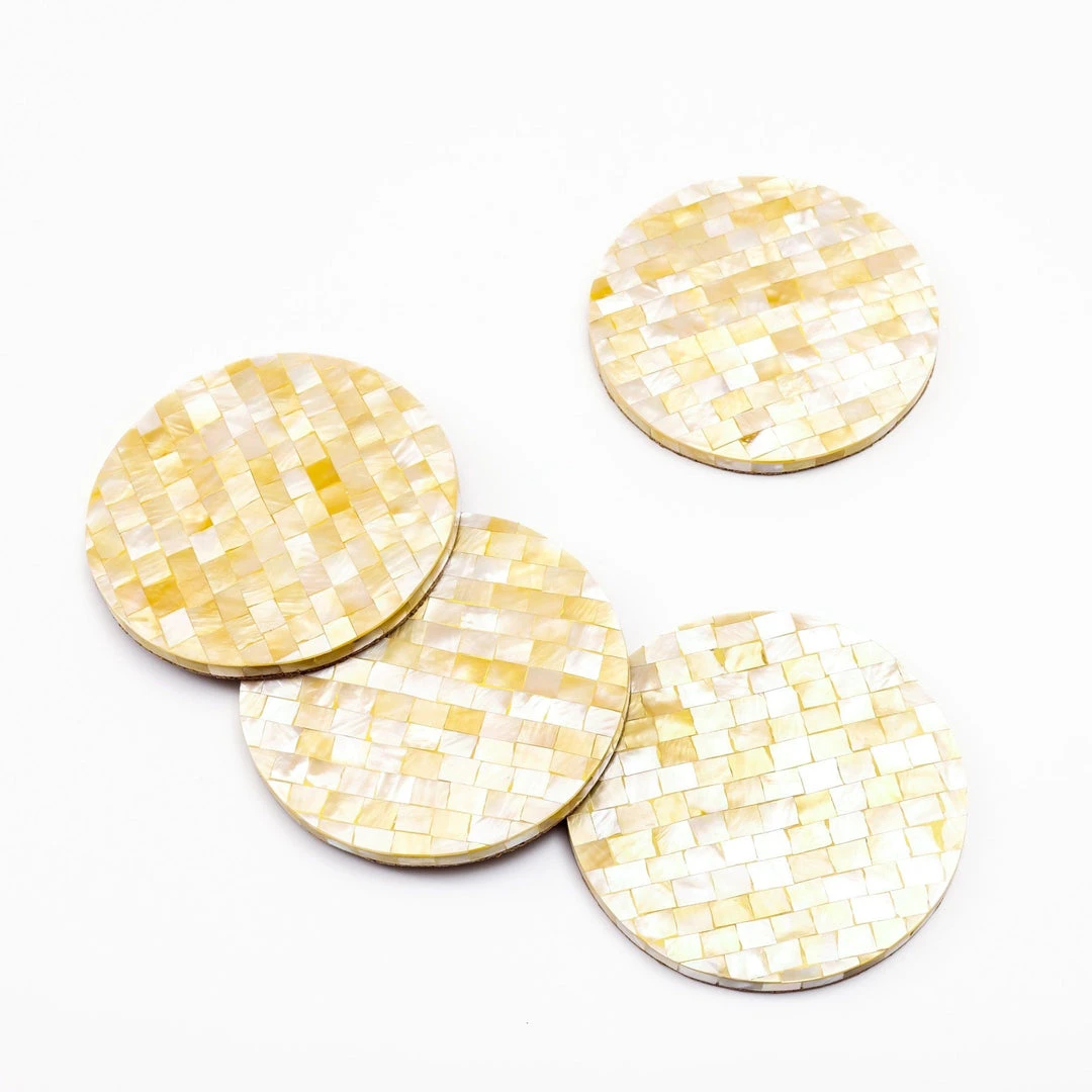 LIKHÂ Golden Yellow Mother Of Pearl Coaster Set Office Accessories 4 LIKHÂ Golden Yellow Mother Of Pearl Coaster Set Office Accessories