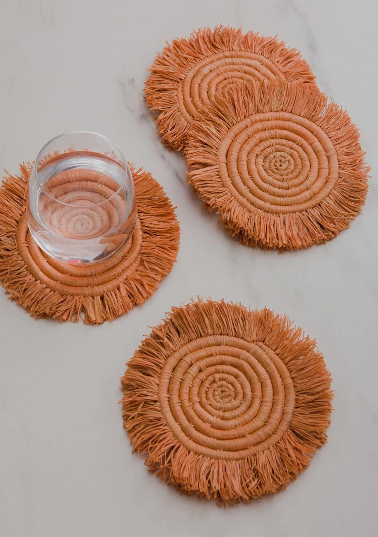 KAZI Home Goods Peach Fringed Raffia Coasters 4 KAZI Home Goods Peach Fringed Raffia Coasters