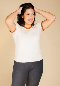 Poplinen Best Sellers Pat Bamboo Ringer Tee - Heather Almond + Rust