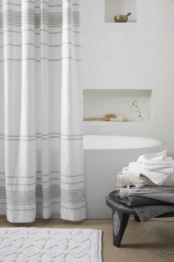 Coyuchi Rippled Stripe Shower Curtain - Alpine White / Gray