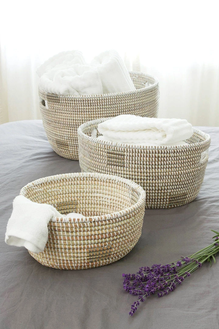 Swahili African Modern Set Of Three White Nesting Baskets 6 Swahili African Modern Set Of Three White Nesting Baskets
