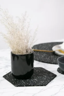 Slash Objects Hex Recycled Rubber Trivet Set - Speckled Black