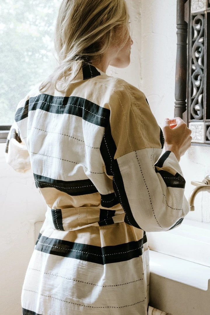 Anchal Stripe Unisex Robe - Ivory 6 Anchal Stripe Unisex Robe - Ivory