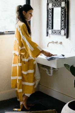 Anchal Home Goods Stripe Unisex Robe - Mustard