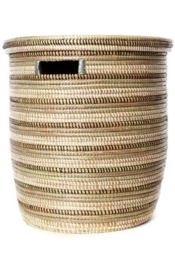 Swahili African Modern Home Goods Black, White And Silver Stripe Peace Corps Hamper