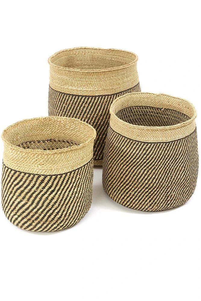 Swahili African Modern Iringa Baskets - Black Diagonal Stripes Home Goods 3 Swahili African Modern Iringa Baskets - Black Diagonal Stripes Home Goods