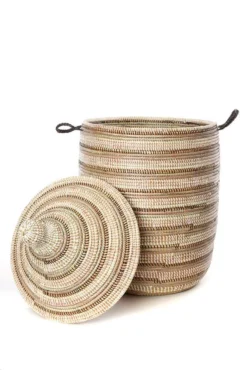 Swahili African Modern Home Goods Large Black, Silver & White Striped Laundry Hamper