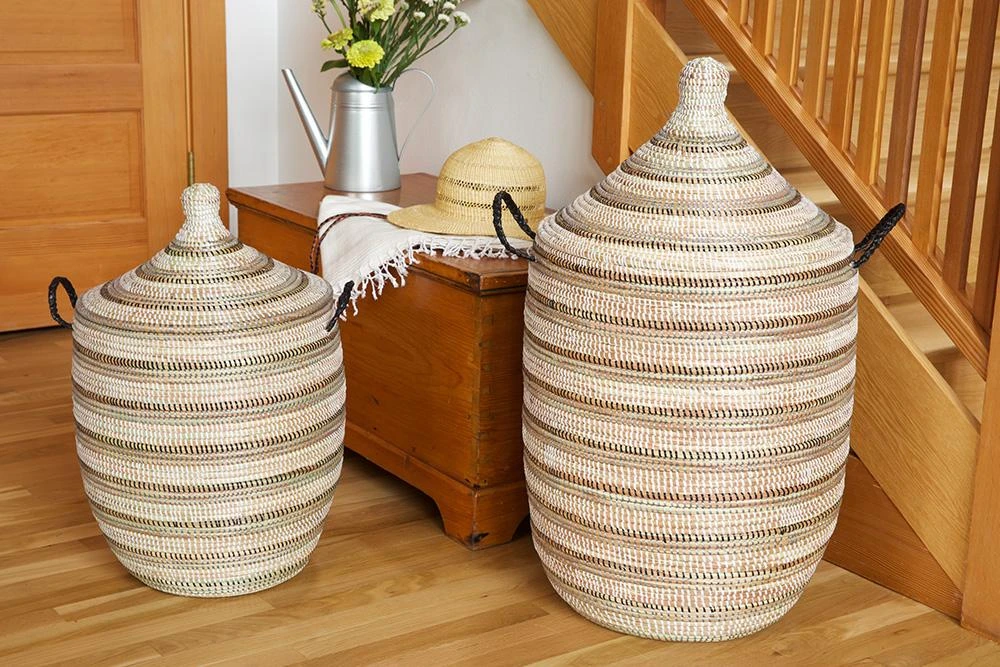 Swahili African Modern Medium Black, Silver + White Striped Laundry Hamper 7 Swahili African Modern Medium Black, Silver + White Striped Laundry Hamper