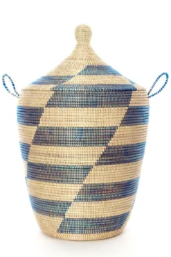 Swahili African Modern Home Goods Blue And Cream Mixed Pattern Hamper Set