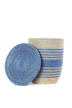 Swahili African Modern Home Goods Blue Ebb + Flow Striped Hamper Set