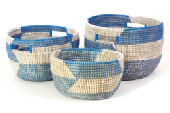 Swahili African Modern Set Of Three Blue Herringbone Sewing Baskets Home Goods