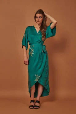 Symbology Cherry Blossom Modal Maxi Wrap Dress - Emerald + Gold Best Sellers