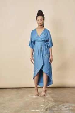 Symbology Cherry Blossom Modal Maxi Wrap Dress - Sapphire + Gold Best Sellers