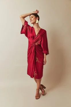 Symbology Cherry Blossom Modal Twisted Midi Dress - Raspberry + Gold