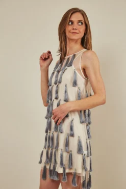 Symbology Flapper Chic Tassel Dress - Cream + Gray