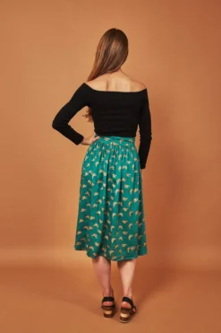 Symbology Best Sellers Gingko Leaf Midi Skirt - Green + Gold