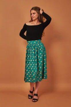 Symbology Best Sellers Gingko Leaf Midi Skirt - Green + Gold