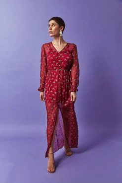Symbology Sale Ginkgo Leaf Maxi Button Down Dress In Magenta + Gold