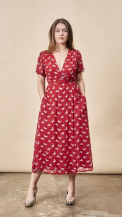 Symbology Ginkgo Leaf Midi Wrap Dress - Red + Silver