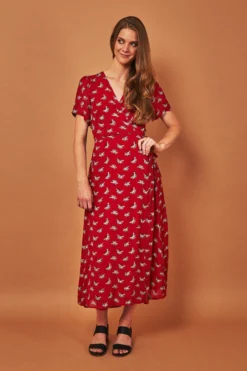 Symbology Ginkgo Leaf Midi Wrap Dress - Red + Silver