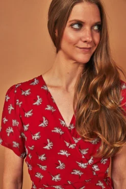 Symbology Ginkgo Leaf Midi Wrap Dress - Red + Silver