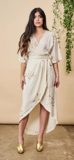 Symbology Hand Beaded Cherry Blossom Modal Maxi Wrap - Ivory + Antique Gold Best Sellers