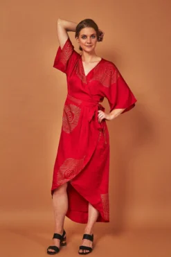 Symbology Best Sellers Peacock Feather Modal Wrap Dress - Lipstick Red + Gold