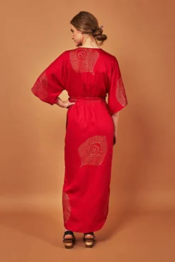 Symbology Best Sellers Peacock Feather Modal Wrap Dress - Lipstick Red + Gold