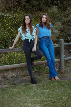 Symbology Printed Iris Blouse In Pale Mint + Blueberry