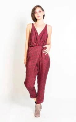 Symbology Special Occasion Silky Strappy Sketched Plaid Jumpsuit - Berry + Black